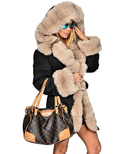 Aofur Womens Hooded Faux Fur Lined Warm Coats Parkas Anoraks Outwear Winter Long Jackets (Small, Black_Beige Fur) - Thumbnail 5