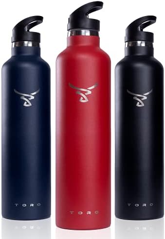 Toro Insulated Steel Water Bottle  Vacuum Metal Flask | Cold 24 Hours & Hot 12 Hours | Stainless Steel Lid & Sports Cap with Straw | Leak Proof No Condensation | 600ml / 750ml / 1000ml / 1L, Black