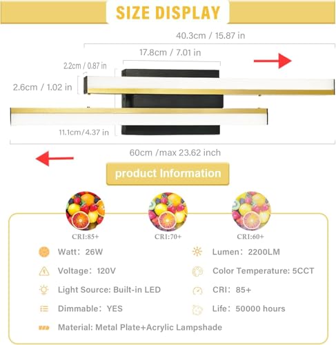 Image of Bathroom Light Fixtures Over Mirror: 24 Inch Modern Retractable LED Bathroom Vanity Light ETL Certified 5700K 25W Vanity Light Bar Dimmable - Wall Light Fixtures, Golden 1 Pack