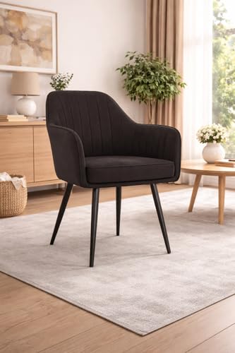 Image of Accent Chair for Living Room| Soft Velvet Fabric Armchair with Multi Colour Leg Options | Modern Chair with Thick Cushion for Home Office restaurent and cafes| 1pc (Black Legs, Deep Black)
