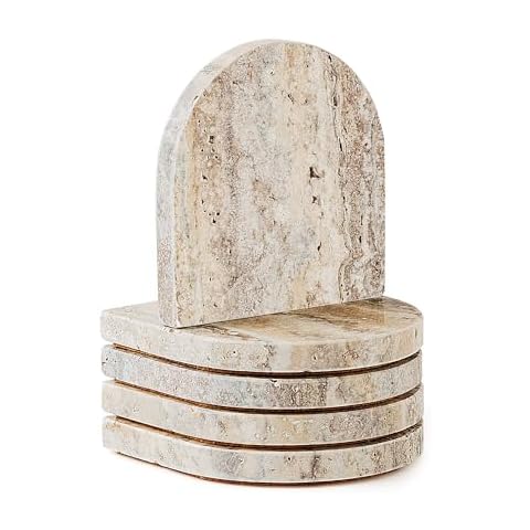 WORHE Marble Coasters for Drinks Set of 5 Coasters Modern Home Decor for Coffee Natural Marble Stone for Housewarming Party Hotel Decoration Christmas Anniversary Travertine Gray (WH055) Cover