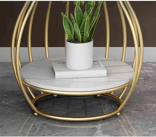 Image of Modern Gold Metal Side Table with White Marble Finish Top & Bottom Shelf, 20 Inch Round End Table, 26 Inch Height Accent Table, Luxury Living Room Sofa Side Table, Bedroom Nightstand, Contemporary
