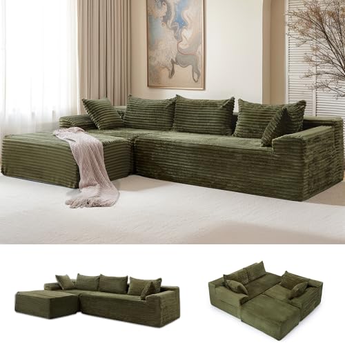 Image of Korser 108 inch L-Shaped Modular Sectional Sofa with Chaise, Boneless Comfy Corduroy Fluffy Couch with Deep Seat and Side Pockets, Flexible Module Combination for Living Room, No Assembly, Side Pockets