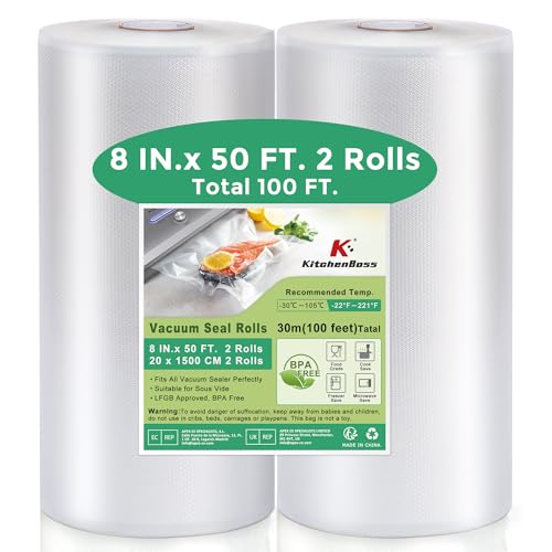 KitchenBoss Vacuum Sealer Bags Rolls: 8'' x 50' 2 Pack Sac Sous Vide for Food Saver, BPA Free, Commercial Grade Food Vac Seal Roll, Food Saver Bag 100FT in Total (8IN* 50FT 2 Rolls)
