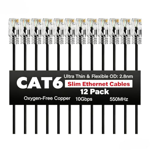 CAT 6 Ethernet Cable 2 FT (12-Pack), Slim Pure Copper Cat6 Cables, 10Gbps
