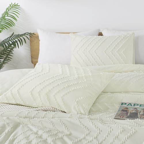 Image of Andency Ivory Oversized Super King Comforter Set, Boho Soft Warm Tufted Neutral Bedding Comforter Sets, 3 Pieces Aesthetic Chevron Farmhouse Cute Bohemian Textured Bedding Set