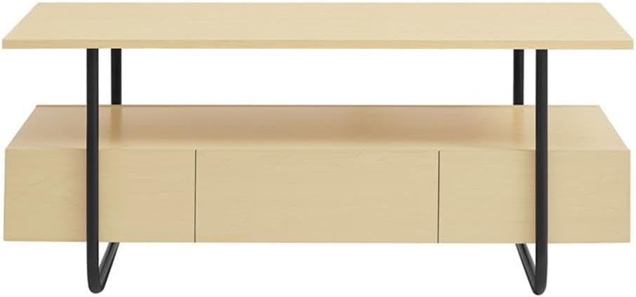 BOWERY HILL Contemporary Multi-Storage Coffee Table, 35.5" L x 20" W x 16.5" H, MDF Light Maple Finish, Black Metal Legs, Drawer, Shelves & Compartments, Modern Living Room Furniture for Everyday Use