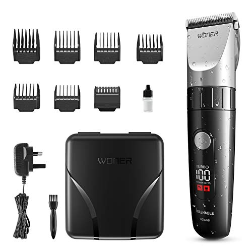 WONER Cortapelos profesional para hombres, cortadores de pelo inalámbricos IPX7, impermeable, batería recargable, ajustable de dos velocidades, pantalla LED inteligente para hombres y uso familiar