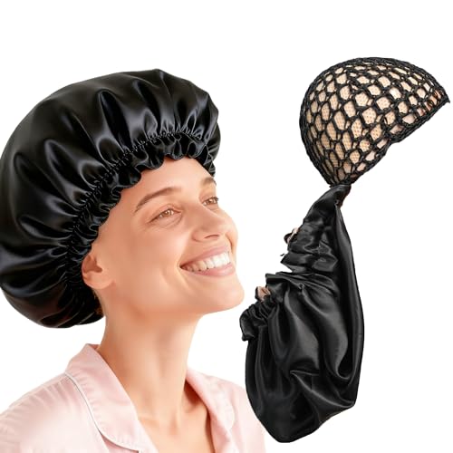 2 in 1 Reversible Adjustable Hair Wrap Cap Bonnet Double Layered Nettie Band Net for Long Hair Silk Press, Braid, Doobie, Dominican Tubi Wrap Cap for Curly Hair