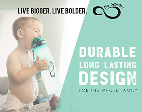 Live Infinitely 34 oz BPA Free Water Bottle with Time Marker, Fruit Infuser Screen & Shaker Blending Ball - Locking Flip Top Lid & Durable Rubberized Bottle Coating (Mint, 34 Ounce)