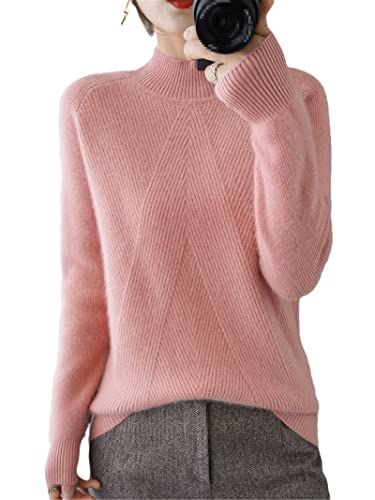 Pull en laine cachemire pour femme - Rose - Col montant - Manches longues - Pull en tricot fin pour femme, rose, Taille M Cover