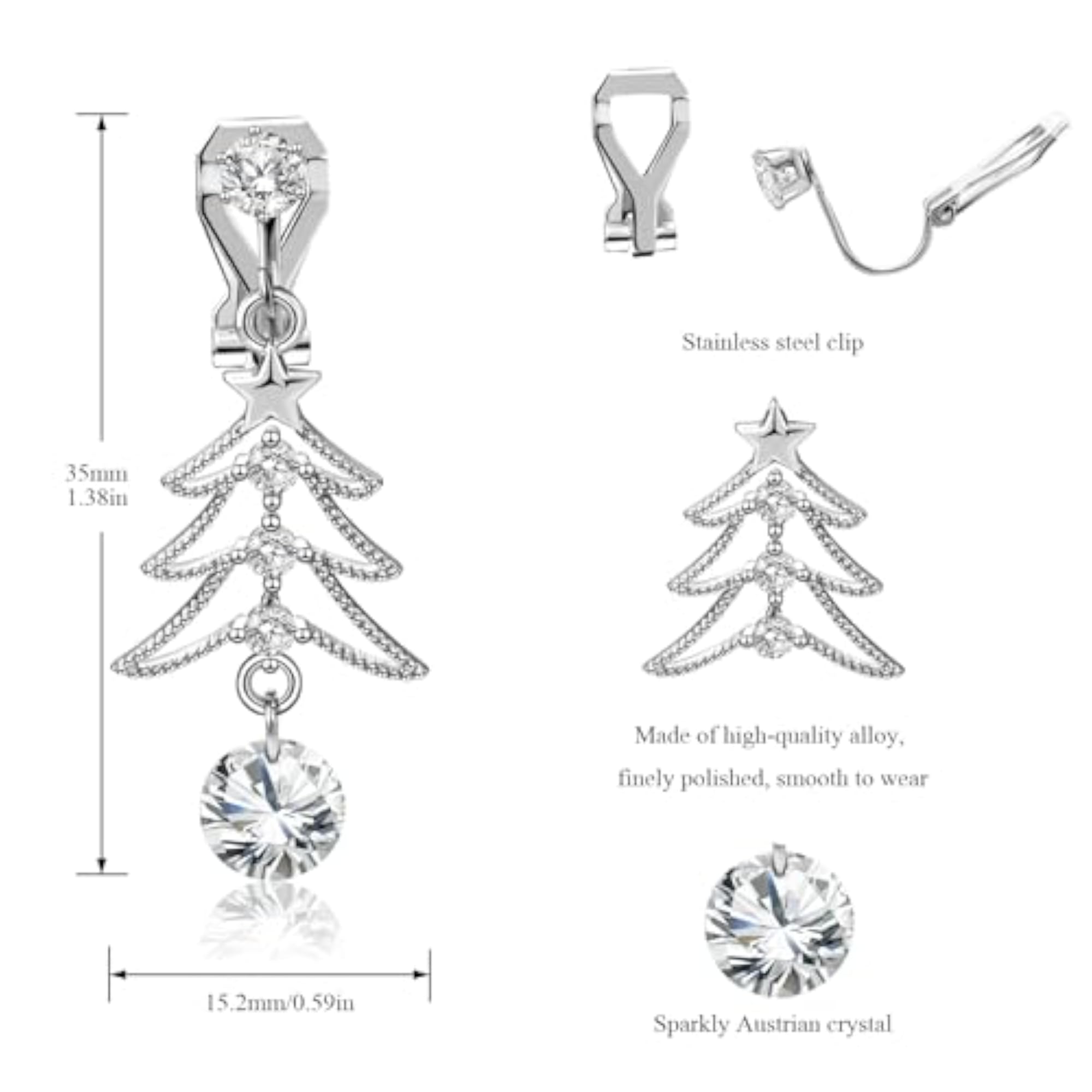 Women's Cute Christmas Tree Clip Earrings, Festive Design