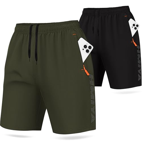 HMIYA 2er Pack Sporthose Herren Kurz Sport Shorts Sommer Laufhose Trainingshose mit Reißverschlusstasch