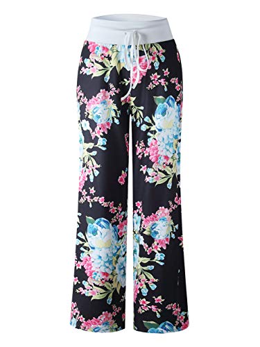 Image of iChunhua Women's Comfy Stretch Floral Print Drawstring Palazzo Wide Leg Lounge Pant
