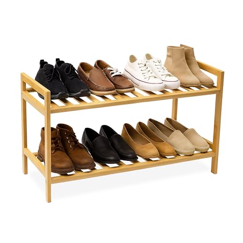 Relaxdays Schuhregal, HxBxT: 40 x 69 x 27 cm, Bambus, 2 Ebenen, für 6 Paar Schuhe, stapelbarer Schuhständer, Natur