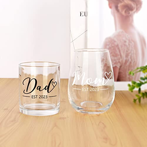 Modwnfy Mom & Dad Est 2023 Stemless Wine Glass And Whiskey Glass Set, New Parents Gift For Christmas Baby Shower Mother's Day Father's Day Anniversary, New Mom New Dad Gift For Daily Use #TOP3