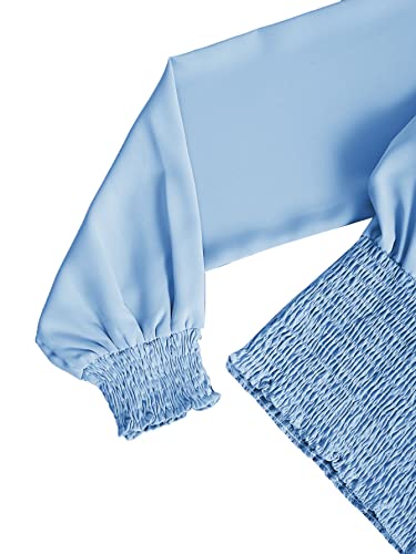 Lyaner Women's V Neck Shirred Plain Long Sleeve Frill Crop Shirt Blouse Tops Light Blue Large #TOP4