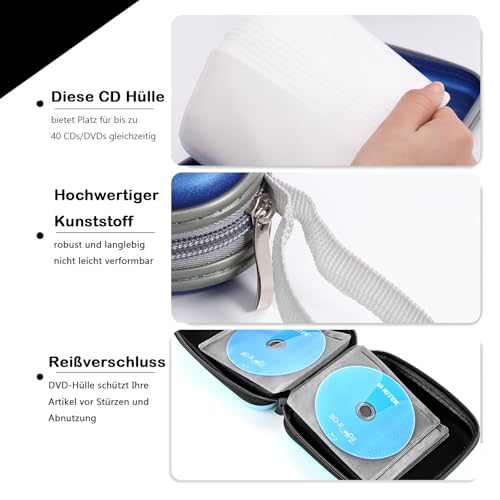 qhklew Torba na 40 płyt CD, etui na płyty CD/DVD, z zamkiem błyskawicznym, torebka Oxford, mapka do przechowywania, oszczędność miejsca do samochodu i domu (czarny-twardy plastik)