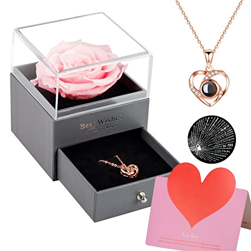 Mothers Day Gifts for Mom Preserved Red Rose with I Love You Necklace in 100 Languages, Forever Rose Gifts for Mom Girlfriend Wife Best Friend, Romantic Rose Gift for Valentine's Day Anniversary Wedding Birthday (Pink)