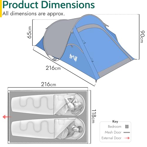 Trail 2 Person Pop Up Tent, Lightweight 2 Man Festival Camping Tent, Fast and Easy to Pitch, Single Skin with 1500mm Hydrostatic Head, Carry Bag Included (216cm x 118cm x 90cm) - Image 7