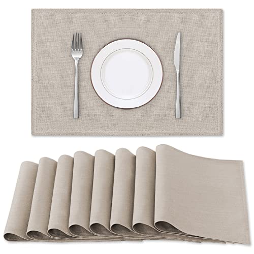 H.VERSAILTEX Linen Placemats Set of 8 Premium Solid Table Placemats for Dining Table Spill-Proof Waterproof Table Mats Heat-Resistant Kitchen Table Mats Washable, 12x18 inches, Taupe