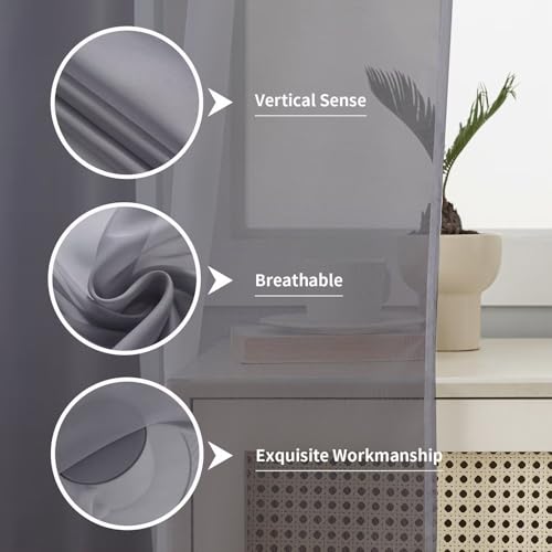 Rideaux semi-voile pour salon lumineux, voilage gris passe-tringle de 243 cm pour chambre