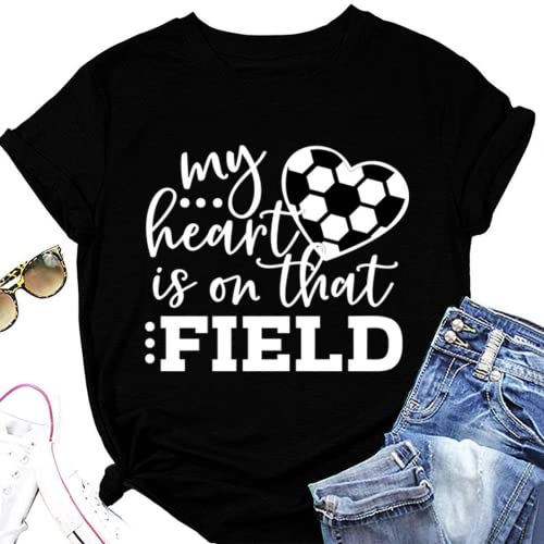 Women My Heart is on that Field Soccer Graphic T-Shirt (Black,Medium,US,Alpha,Adult,Female,Medium,Regular,Regular)