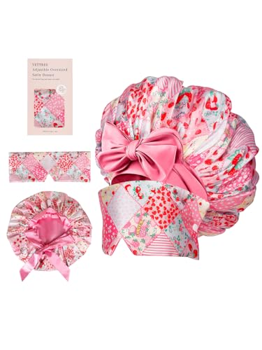 Vettres Double Layer Satin Bonnet for Sleeping with Detachable Eye Mask Adjustable Night Cap for Curly, Natural, Braided Hair Reduces Frizz & Locks in Moisture Pink Strawberry — view 2