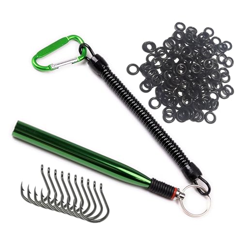 Reaction Tackle Wacky Rig Tool and O-Rings for Soft Plastic Worms, Bass Fishing Wacky Rig and Neko Rig Stick Bait Setup for Largemouth and Smallmouth - Green Tool Plus 125 O-Rings +10 Hooks