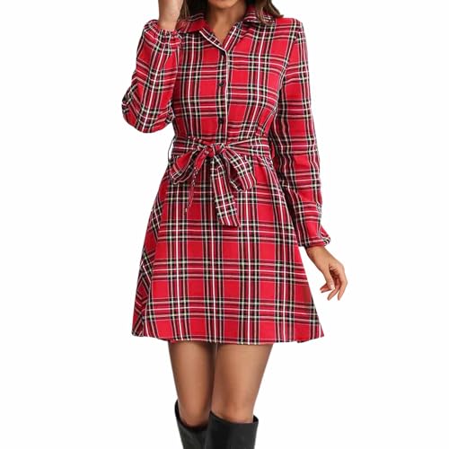 Image of Generisch Blouse Dress Women's Checked Long Sleeve Shirt Dress Checked Striped Dress Lapel Shirt Dress Button Down Blouse Dresses Casual Clothing Short Mini Dress Casual Dresses Tunic Dress, R Red, L