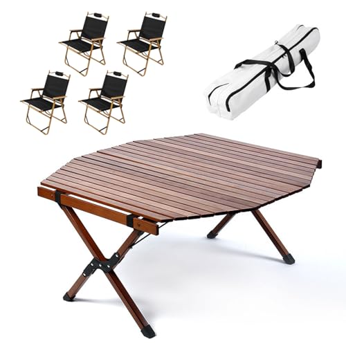Portable Folding Table and Chairs, Folding Camping Table Beech Roll-up Table Top Lightweight Picnic Table Chair Set with Storage Bag for Outdoor