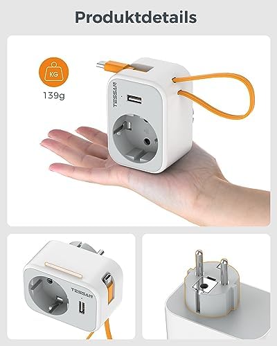 TESSAN Gniazdo USB Gniazdo z USB, Przejściówka do Gniazdka USB z Kablem do ładowania USB C, Wtyczka 3 w 1 z Gniazdem USB 3600W z Przyłączem USB C, Przejściówka do Gniazdka Sieciowego USB do Telefonu