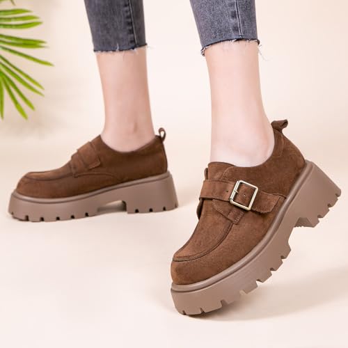 Image of Women's Chunky Heel Platform Loafers, Suede Penny Loafers Slip On Comfort Casual Business Shoes