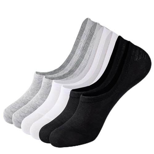 Womens No Show Socks, Low Cut Flat Boat Liner Non Slip Short Cotton Socks 6 Pair Black+Grey+White