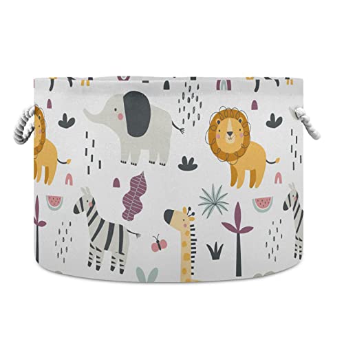 Senya Storage Bin Basket Large Foldable Clothes Bag Round Collapsible Fabric Laundry Hamper Folding Washing Bin Elephant Zebra Lion Monkey Animal Palm Tree #TOP6