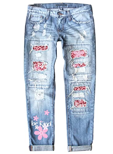 Astylish Womens Cherry Blossoms Ripped Patchwork High Rise Jeans Boyfriend Frayed Distressed Ripped Capri Denim Pants Medium Blue 8-10