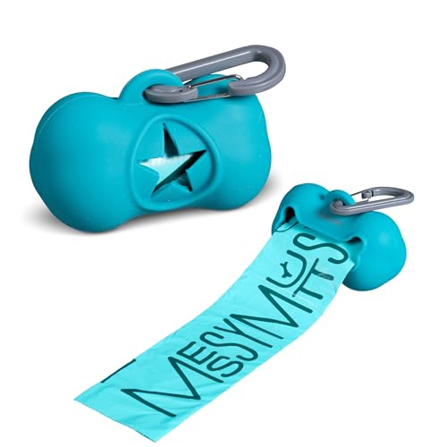Image of Messy Mutts Silicone Dog Waste Bag Holder | Dog Poop Bag Dispenser with Carabiner and Bags | Unscented Roll Included - 15 bags | Leash Essential | (Blue)