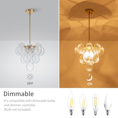 LumFurn Glass Bubble Chandelier, Modern Pendant Light Fixture for Dining Room, Living Room, Bedroom, D16 x H23.5~53"(Adjustable Height), Clear Ripple Glass Ball & Gold Finish Metal Frame by LumFurn - Used condition - Image 5
