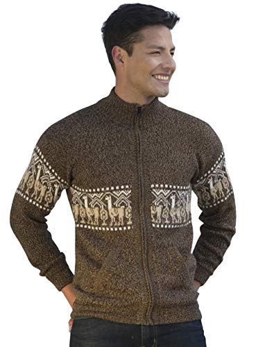 Gamboa - 100% Alpaca - Cardigan with Zipper - Men - Brown with Llamitas