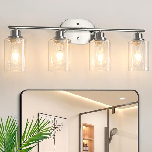 Image of Unicozin Bathroom Light Fixtures, 4 Light Vanity Lights for Bathroom, Brushed Nickel Wall Lamp with Clear Glass for Mirror, Living Room, Hallway, Cabinet, E26 Base