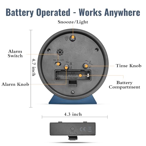 Image of Lamisola 4.5 Inch Small Silent Analog Alarm Clock, Retro Battery Operated Desk Clock with Night Light Stays On 4 Seconds Vintage Metal Table Clock for Bedside, Bedroom, Office, Bathroom - Navy Blue