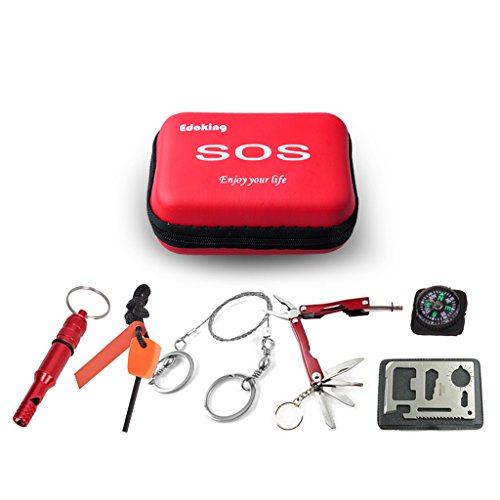 Edoking Compact Survival Kit, Camping Tools SOS, Multi Functional Pocket Tool, Including Flashlight, Wire Saw, Fire Starter, Emergency Whistle, Knife in Sturdy Soft Case