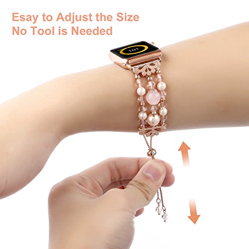 Fohuas Compatible Apple Watch Bracelet Band Pearl 38Mm 40Mm 41Mm, Iwatch Beaded Bangle Crystal Pearl Adjustable Women Girl Elastic Jewelry Replacement Wristband Strap For Iwatch Series Se 8 7 6 5 4 3 2 1, Rose Gold #TOP4