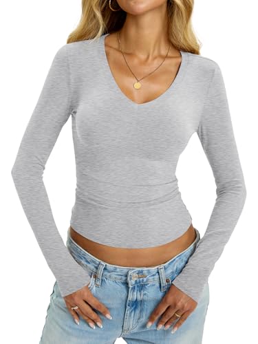 EasyGala Womens Cotton Long Sleeve Shirts V Neck Fitted Tops Going Out Outfits 2026 Fashion Fall Spring Clothes Light Heather Grey Medium