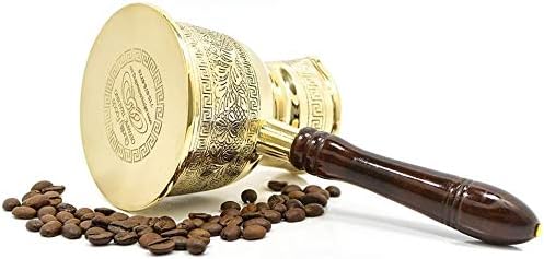 THICKEST (3mm) Solid BRASS Greek Arabic Turkish Coffee Pot Stovetop Coffee Maker Briki Ibrik Cezve with Removable Wooden Handle, ENGRAVED, Medium, (11.6 oz)