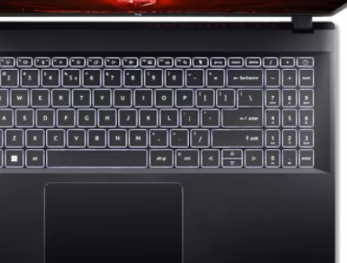 සමීප රූපය view of the Acer Nitro V laptop keyboard with backlit keys and touchpad.