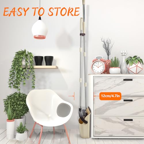 Image of Broom and Dustpan Set, Dustpan Combo with 51 inch Stainless Steel Long Handle Brooms with 5-Layer Soft Bristles for Home Office Kitchen Bathroom(Beige)