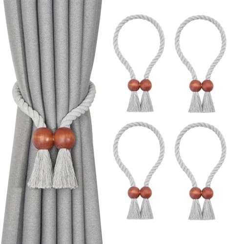 Pretty Jolly 4 Pack Wooden Polyhedron Magnetic Curtain Tiebacks Boho Home Decor Drape Tie Backs Natural Cotton Hand Woven Rope Curtain Holdbacks for Home & Office Window Draperies (Beige)