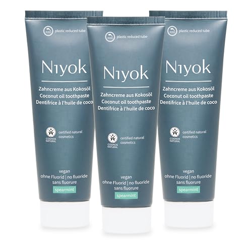 Niyok® Pasta de dientes de aceite de coco orgánico 'Spearmint' (3 x 75 ml) • Pasta de dientes natural para dientes blancos • Cuidado intensivo y frescura • Protege las encías • Sin flúor ni vegano