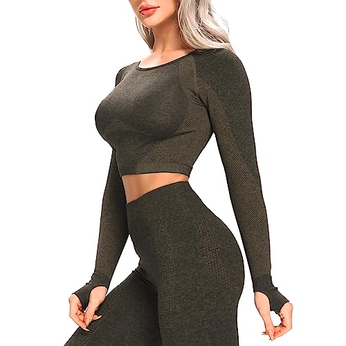 FITTOO Women Seamless Workout Crop Tops Long Sleeve (Green L)